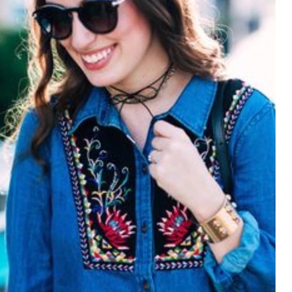 Anthropologie Holding Horses Denim Embroidered Shirt Women's Size 0 Western Boho - Picture 6 of 11